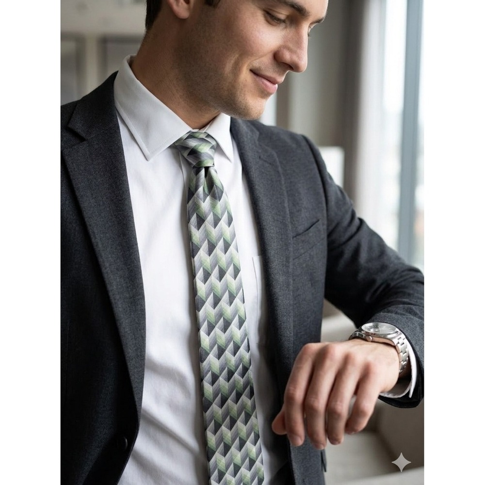 Arrow USA 1851 Men's OS Green Grey Black Geometric Cube Illusion Silk Necktie